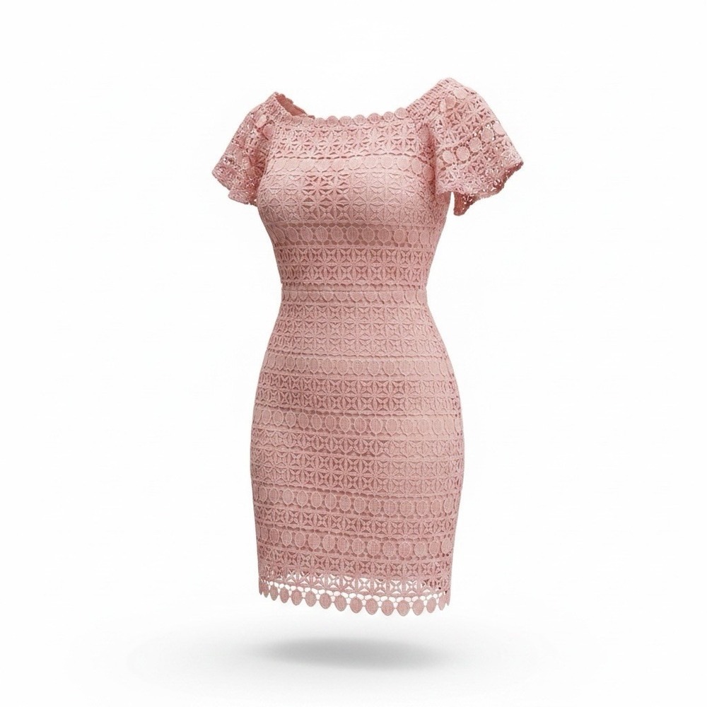 Sandra Darren Lace Overlay Short Sleeve Sheath Dress Women’s Size Large Peach